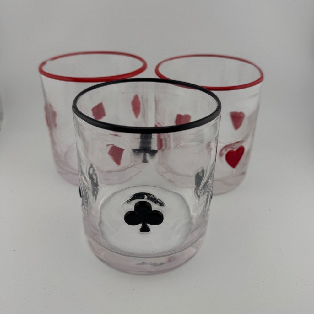 Anthropologie Playing Cards Rocks Glass Set‎ of 3 Hearts Diamonds Clubs Poker